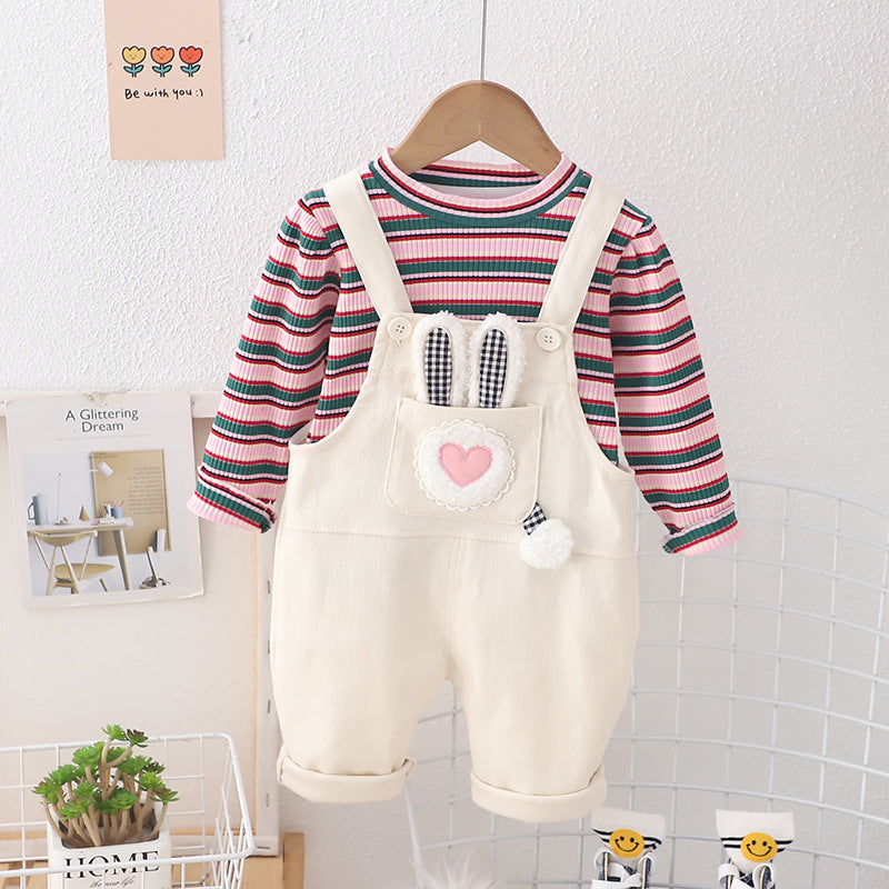 Foreign trade girls' spring and autumn striped suspender pants suit baby spring clothes baby children 2024 New sweater two-piece set
