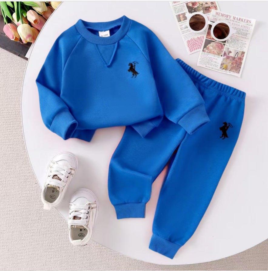 Amazon Cross-Border European and American Children's Clothing Set, Solid Color Knitted Ribbed Long-Sleeve Sweatshirt and Sweatpants Two-Piece Set for Young Children