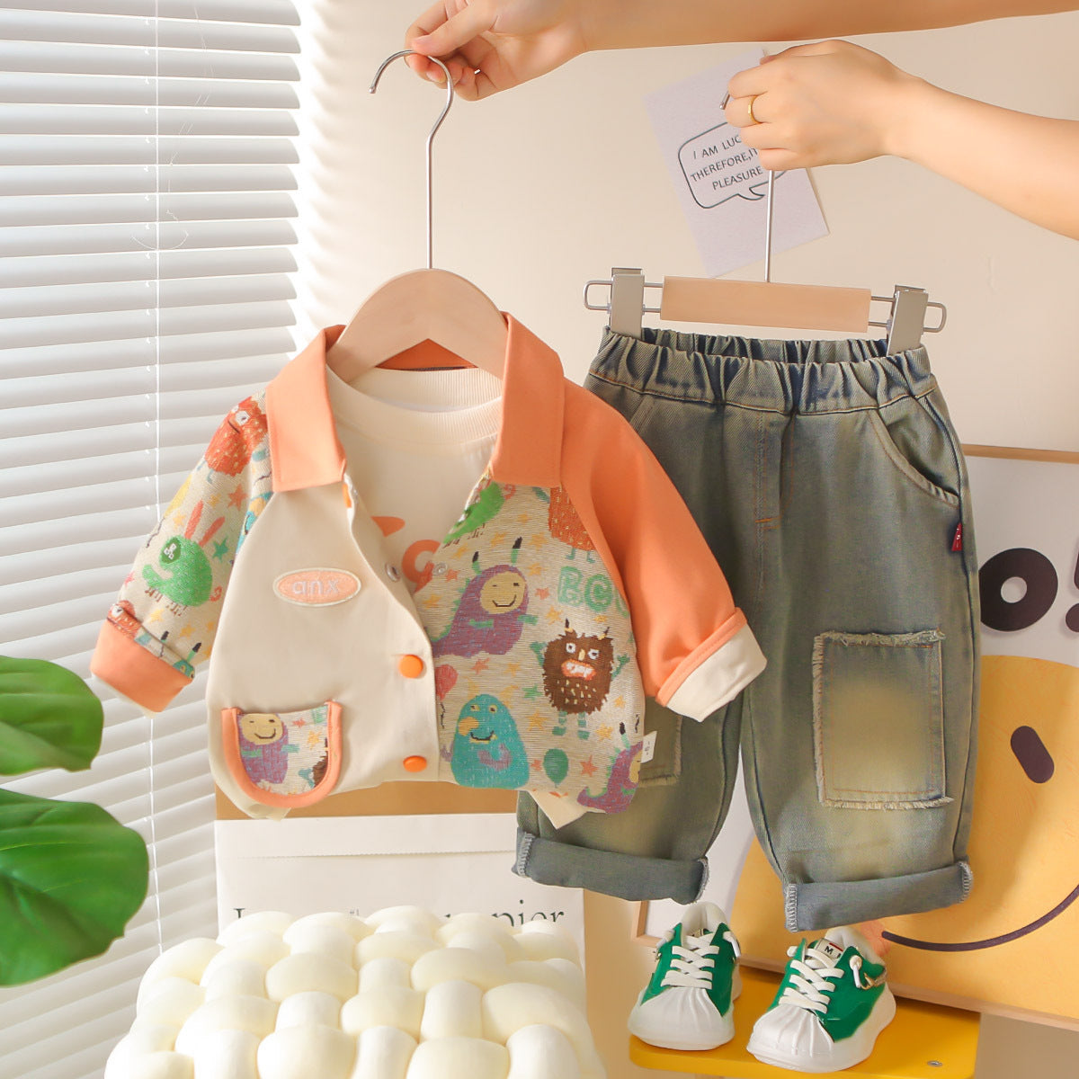2025 New Children's Clothing Boys' Spring and Autumn Suits Cute Animal Jackets for Boys and Girls Three-Piece Set Wholesale
