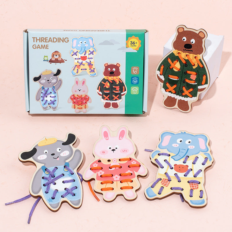 Early Children' s Wooden Rope Thawing Board Finger Fine Movement Training Animal Rope Thawing Board Beaded Toy