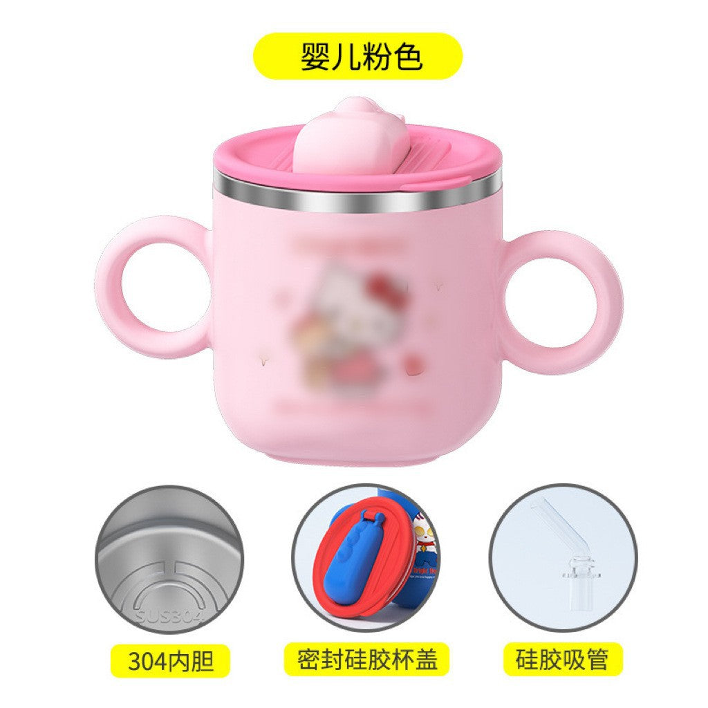 304 Stainless Steel Children's Water Cup Cartoon Creative Double Layer Insulation Anti-scalding with Lid and Handle Kindergarten Mouth Cup
