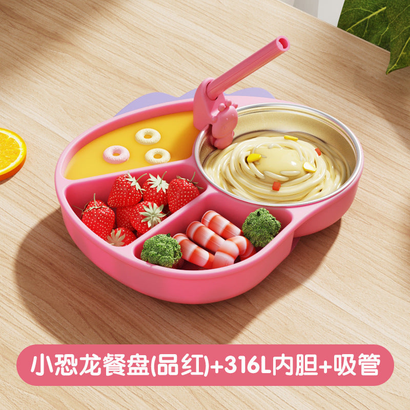 Silicone Divided Children's Dinner Plate Cartoon Little Dinosaur Suction Cup Bowl Training Baby to Eat Independently Divided Supplementary Food Tableware