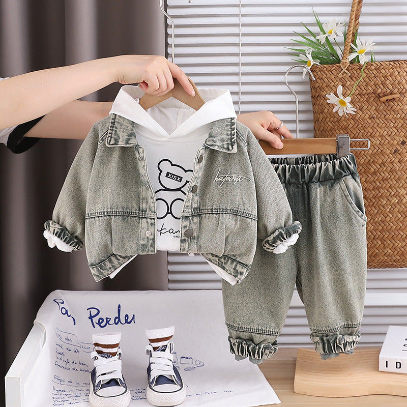 Boys' Spring and Autumn Outfit 2025 New Korean Style Trendy Embroidered Letter Denim Hoodie Three-Piece Set Autumn Clothing