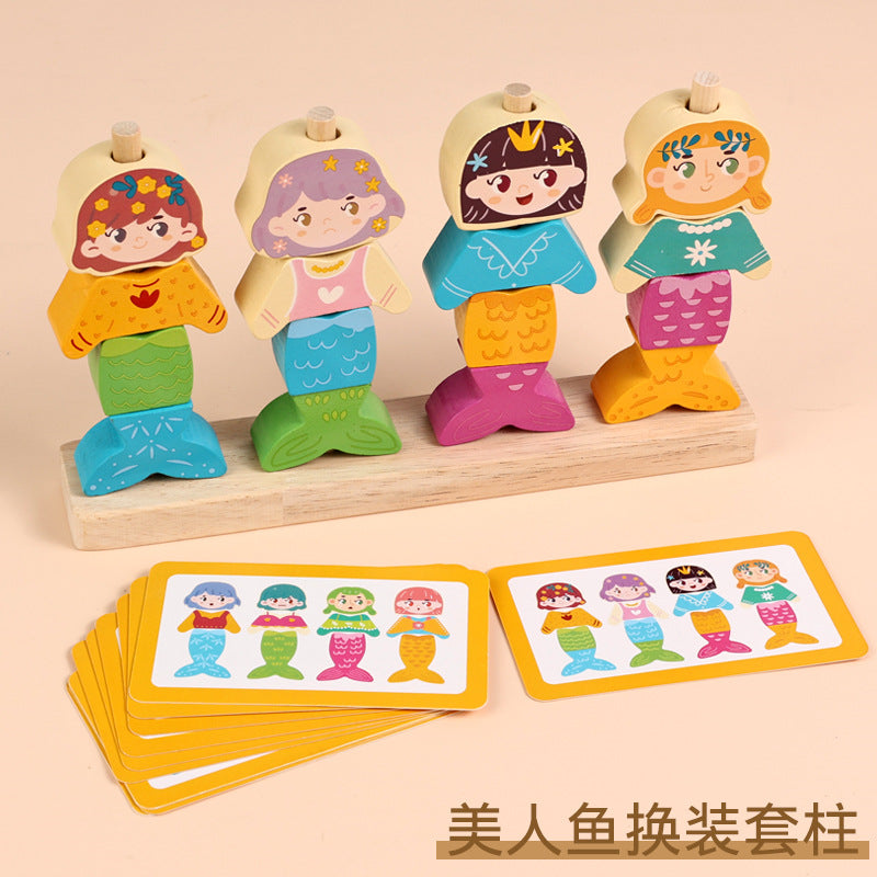 Children's geometric wooden beaded five sets of column color classification Enlightenment early education shape cognition rope puzzle toys