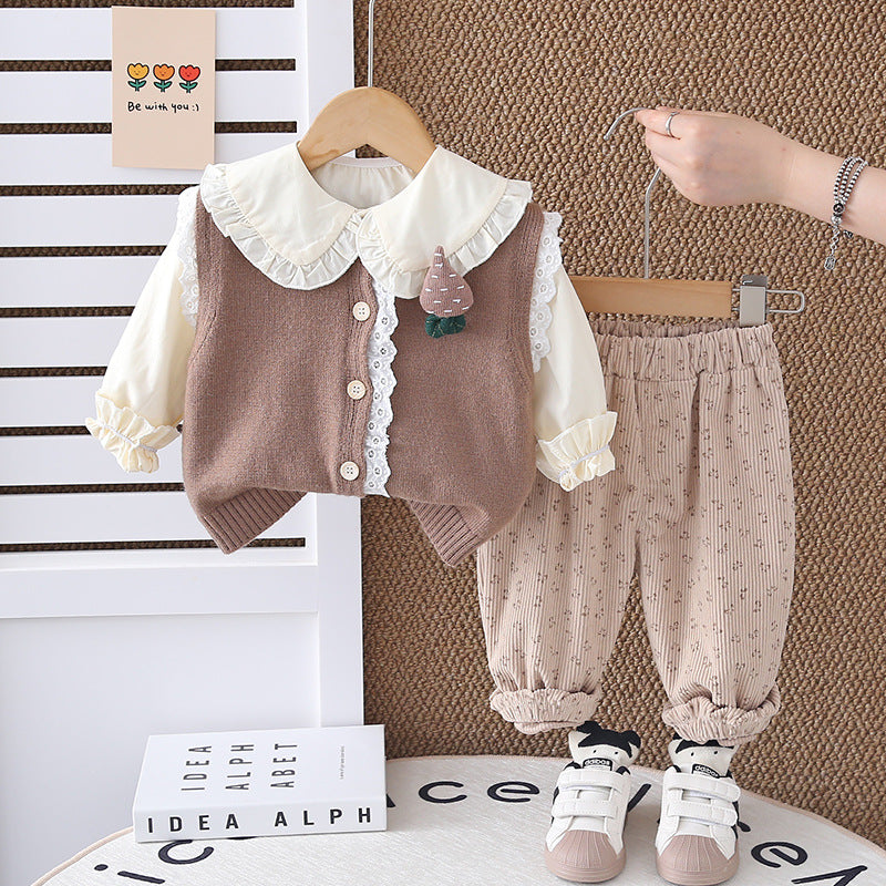 2025 Autumn New Foreign Trade Style Girls' Lace Sweater Long Sleeve Three-Piece Set Baby Girl Casual Long Pants Outfit Wholesale