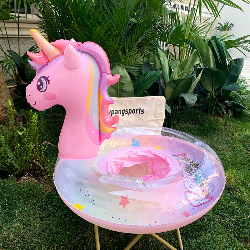 New children's pink rainbow horse sequins swimming ring inflatable water cute unicorn children's sponge bottom seat ring