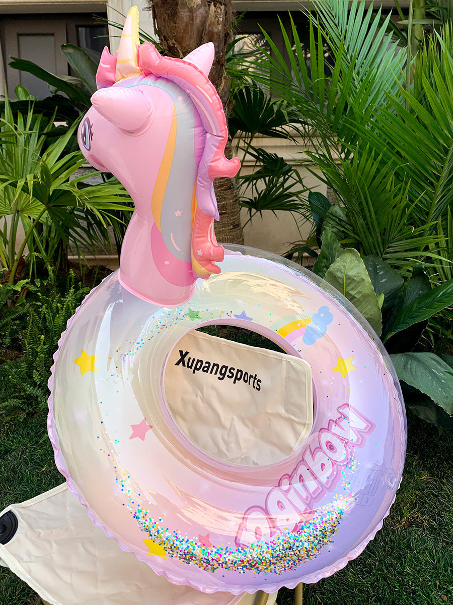 New children's pink rainbow horse sequins swimming ring inflatable water cute unicorn children's sponge bottom seat ring