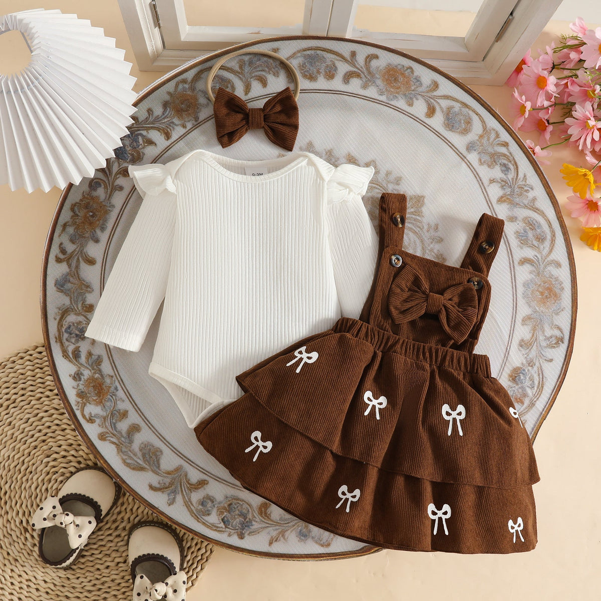European and American Style 0-2 Years Old Baby Girl Autumn and Winter Ribbed Long-Sleeve Romper + Double-Layer Suspender Skirt + Bow Headband Set