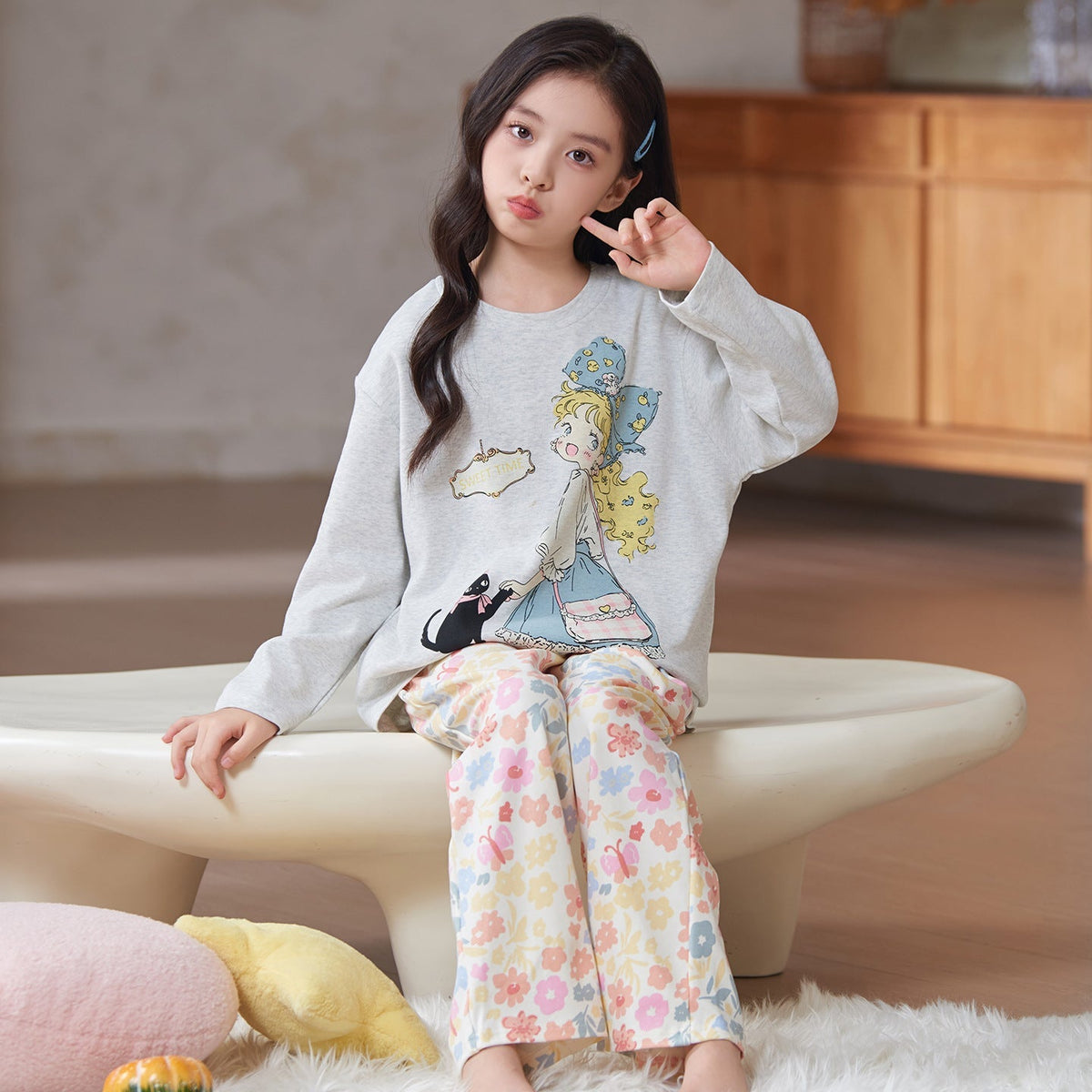 Children's Pajamas 2026 New Model Pure Cotton Long Sleeve Long Pants Spring and Autumn Girls' Cartoon Homewear Set for Older Kids
