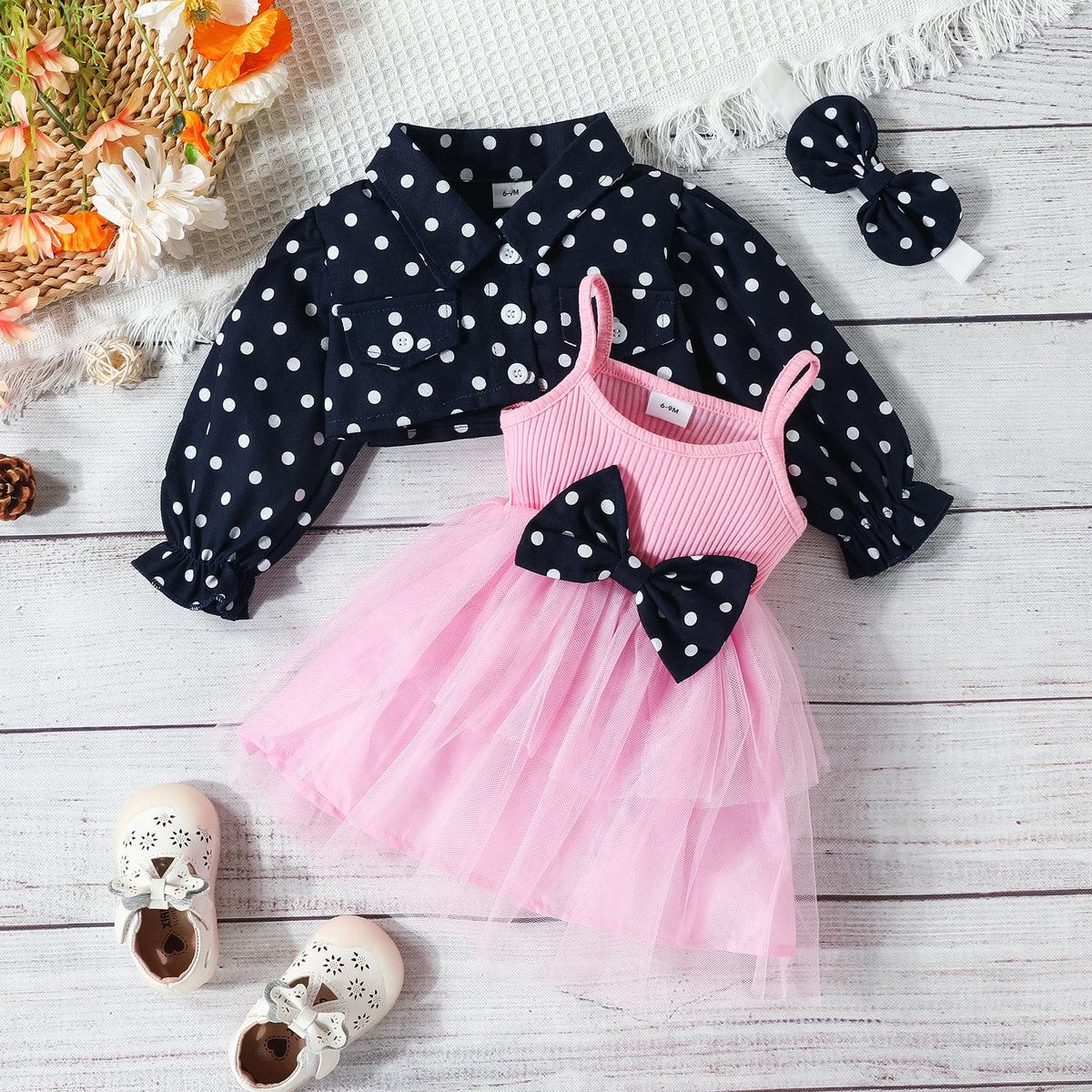 girls skirt suit baby and toddler sling mesh bow dress + polka dot lapel Tops