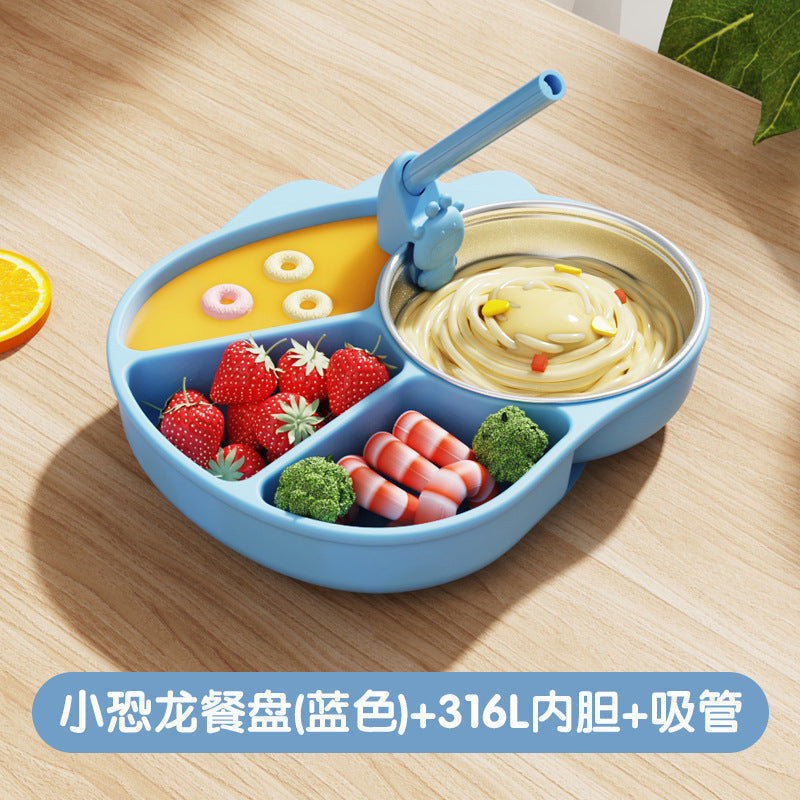Silicone Divided Children's Dinner Plate Cartoon Little Dinosaur Suction Cup Bowl Training Baby to Eat Independently Divided Supplementary Food Tableware