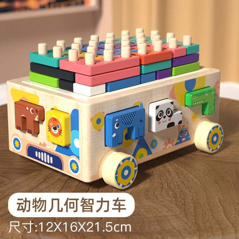 Wooden Animal Geometry Intelligence Car with Tika Multi-function Shape Set Column Puzzle Children's Training Hand-eye Coordination