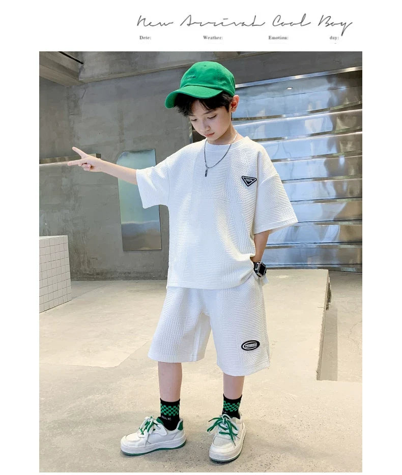 New Summer Boys Clothes Sets Teen Short Sweatshirt + Pants Children Clothing Solid Kids Boy Sport Suits 4 6 8 10 12 14 Years