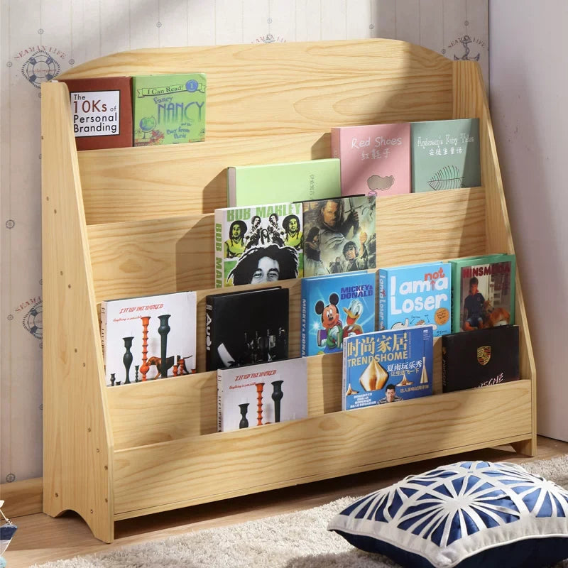 Children's bookshelf, picture book shelf, simple book and newspaper rack, student and kindergarten book cabinet, display rack, storage cabinet, white natural wood color