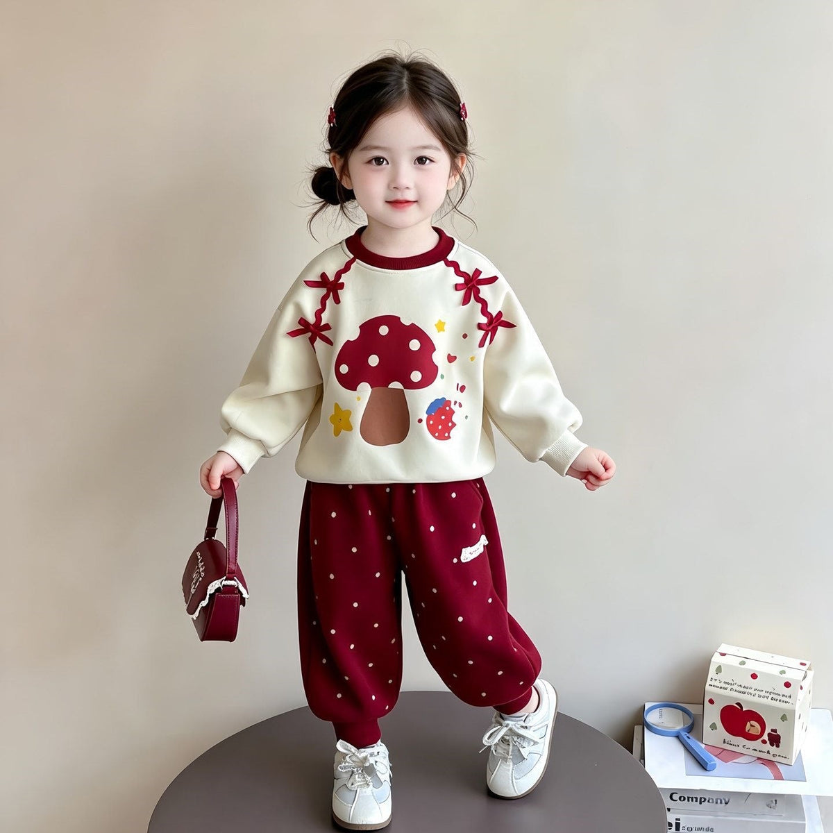 Girls Spring-Autumn Mushroom Set, New Stylish Chic Outfit for Baby Girls, Autumn Early Season Sweatshirt