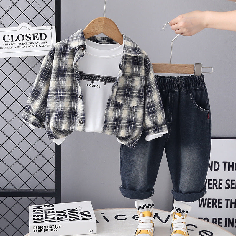 Kids Boys Spring Suit 2025 New Style Plaid Shirt Little Boy Handsome Fashion Pants Three-Piece Set
