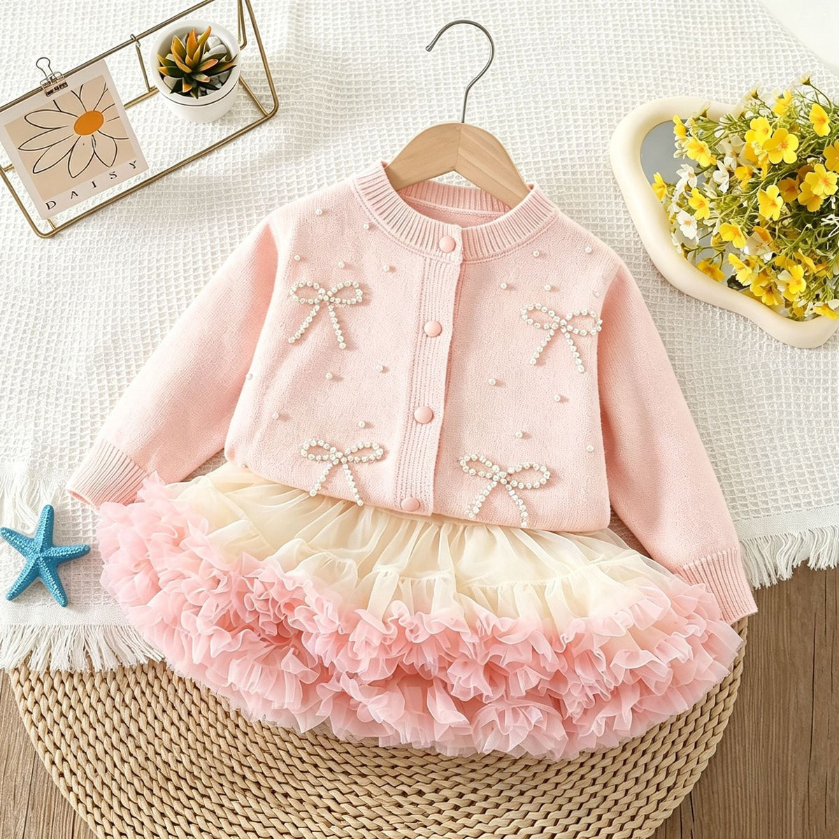 Girls' Sweater Dress Set for Autumn and Winter, New Pearl Bow Knit Cardigan, Korean Style Fashionable Puffy Princess Dress for Baby Girls