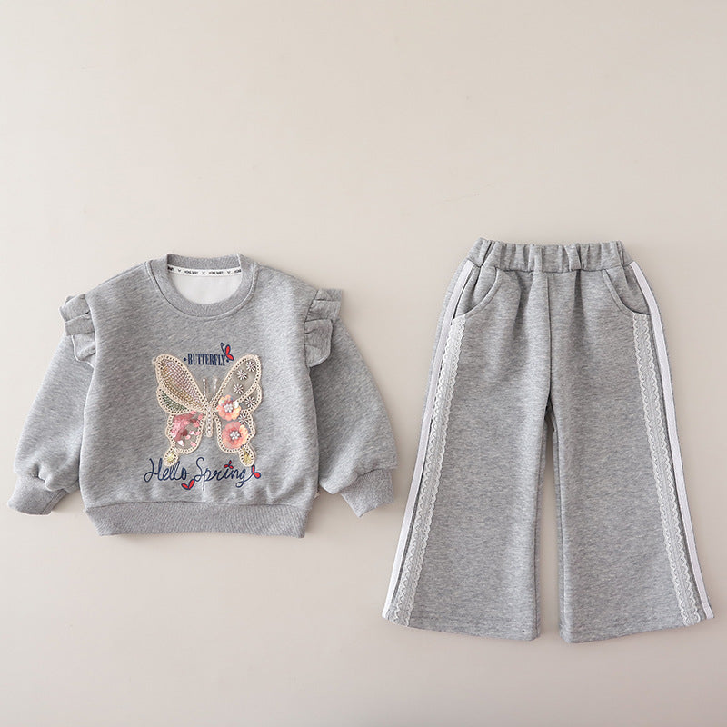 Girls' 2026 New Spring and Autumn Outfit, Stylish Baby Girl Fall Clothes, Korean Style Butterfly Sweatshirt Two-Piece Set, Trendy Wholesale
