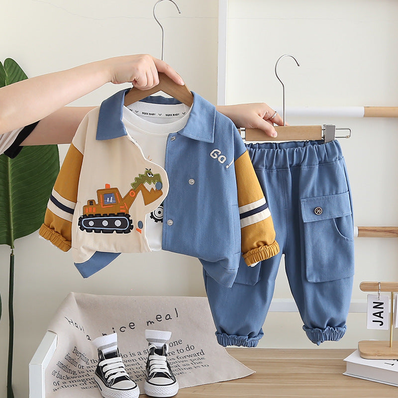 Boys' Autumn Dress Foreign Style Cartoon Digger Three-Piece Suit Baby's Autumn Handsome Baby Clothes Trendy Children's Foreign Style