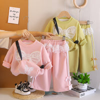 Baby Girl Spring and Autum Long-Sleeved Bow Lace Sweatshirt Two-Piece Set 2025 New Kidsren's Autum Export Dropshipping