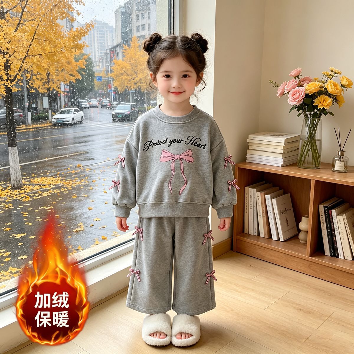 Korean-Style Ins Cat-Themed Girls' Outfit, Spring and Autumn Children's Bow Sweatshirt and Wide-Leg Pants Two-Piece Set, Export Children's Clothing