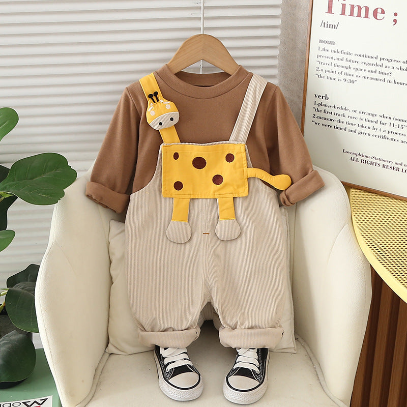 2025 New Boys Autum Suit Kidsren's Fashionable Boy 0-4 Years Old Baby Giraffe Suspender Two-Piece Set