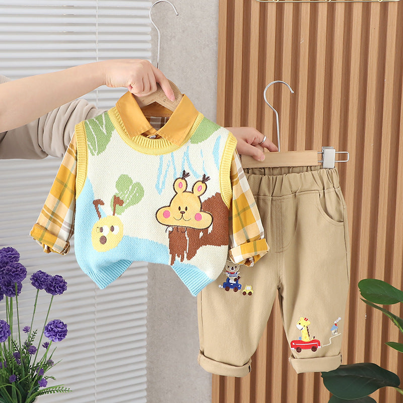 Baby boy spring and autumn clothing suit children's casual western style vest sweater three pieces suit 1-3 years old boy Spring and Autumn 2