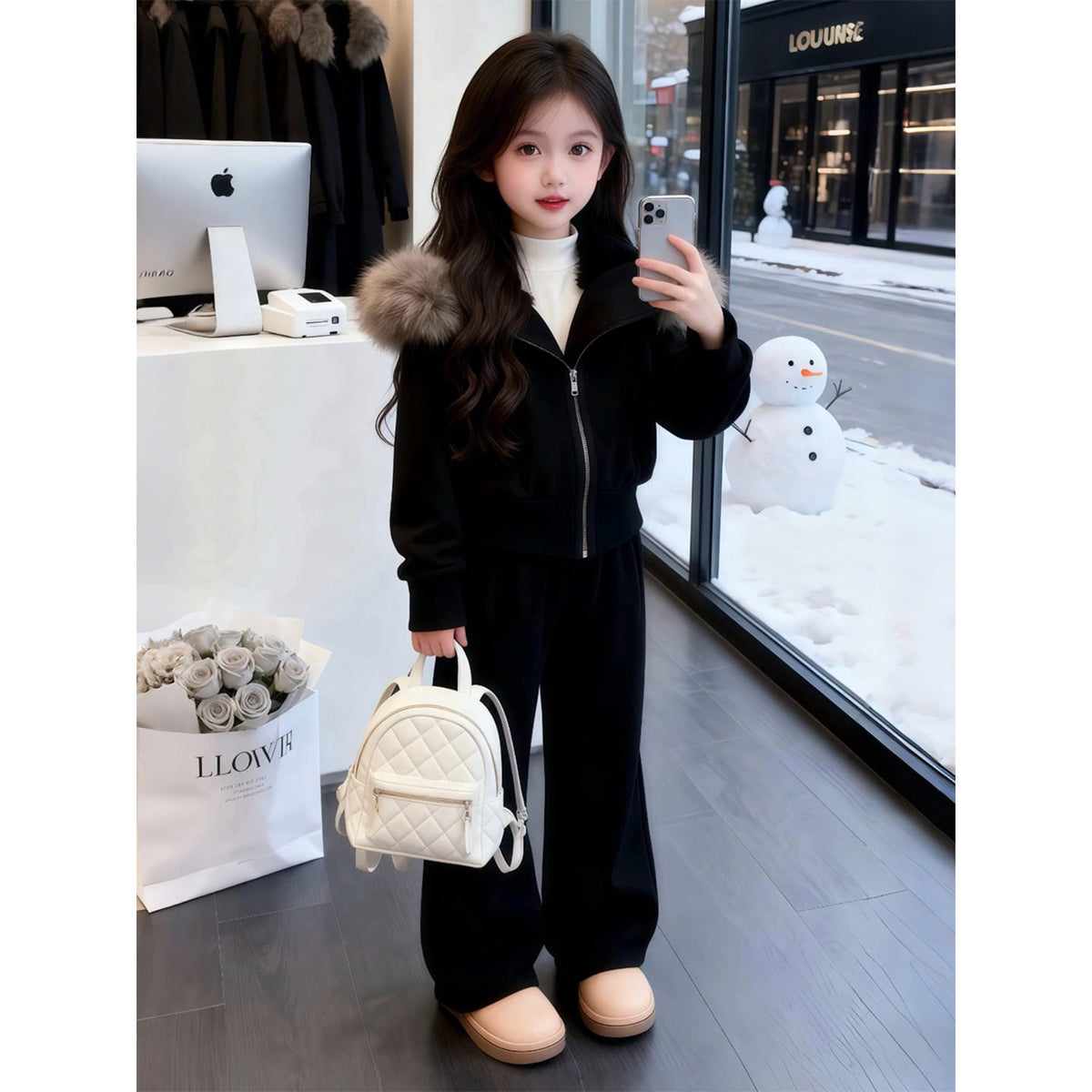 Girls' Winter Outfit with Thick Fleece Hooded Jacket and Pants Two-Piece Set 2025 New Korean Style Trendy Set for Older Children
