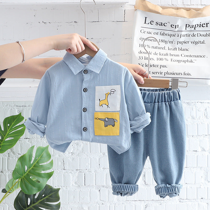 Children's Clothing 2022 Autumn New Elephant Shirt Two-piece Set Boys' Long-sleeved Casual Children's Suit Generating Hair