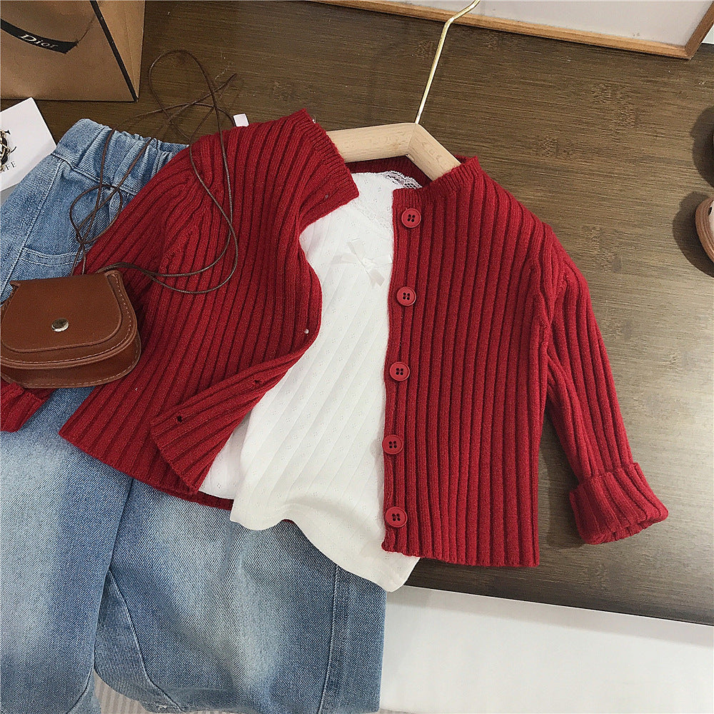 Children's Fashionable and Sweet Cardigan New Korean Style Baby Girl Autum Red Elegant Long-Sleeved Knitted Jacket Trendy Export