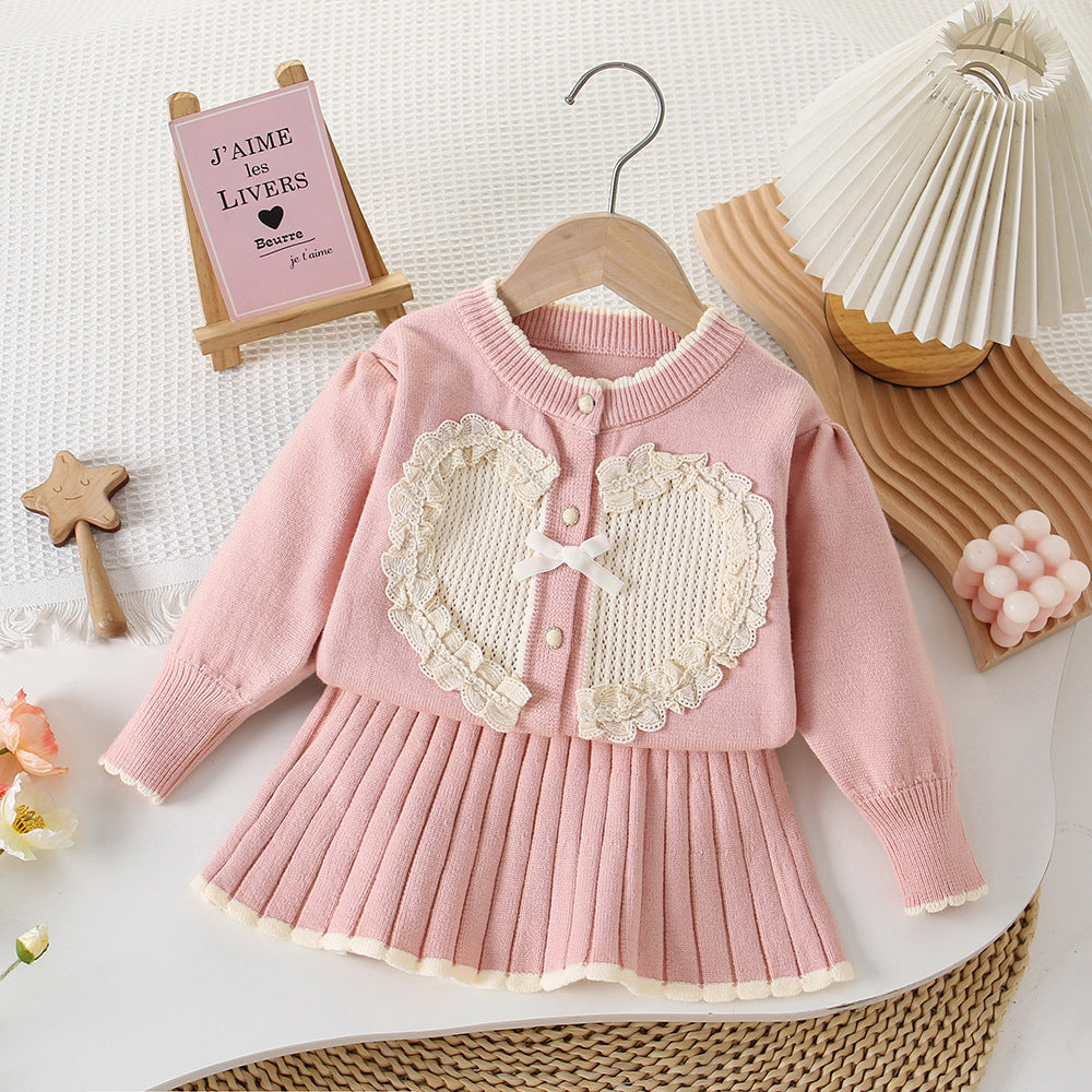 Baby Girl Sweater Skirt Girls Autumn and Winter New Fashionable Big Heart Knitted Two-Piece Set Korean Style Sweater Skirt