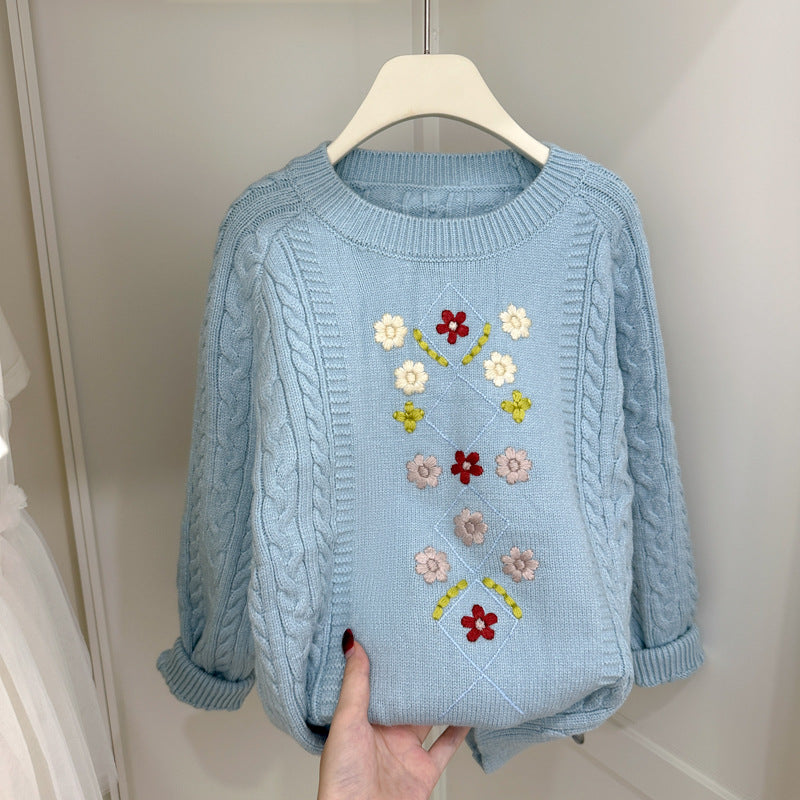 2026 Fall New Girls’ Lazy-Style Cable Knit Sweater, Spring/Autumn Loose Pullover, Korean Style Top