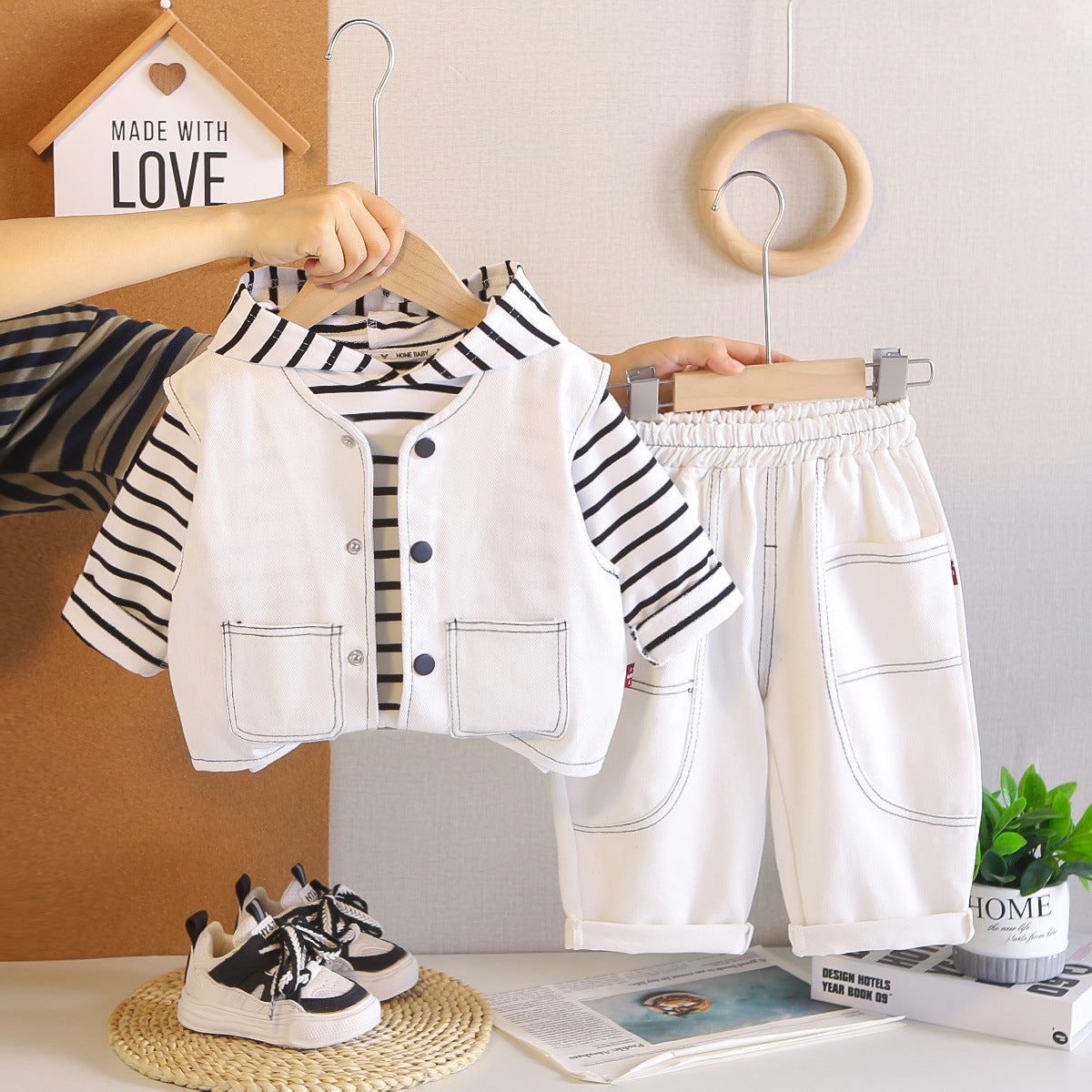 Boys' Autumn Outfit Set 2026 New Fashionable Baby Striped Hooded Three-Piece Set Children's Clothes Trendy for 1-3 Years Old 5