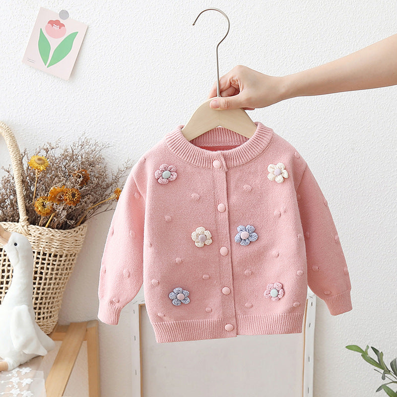 New Style Girls' Sweater Cardigan for Spring and Autumn, Knitted Woolen Outerwear for Infants and Young Children, Baby Lace Floral Coat
