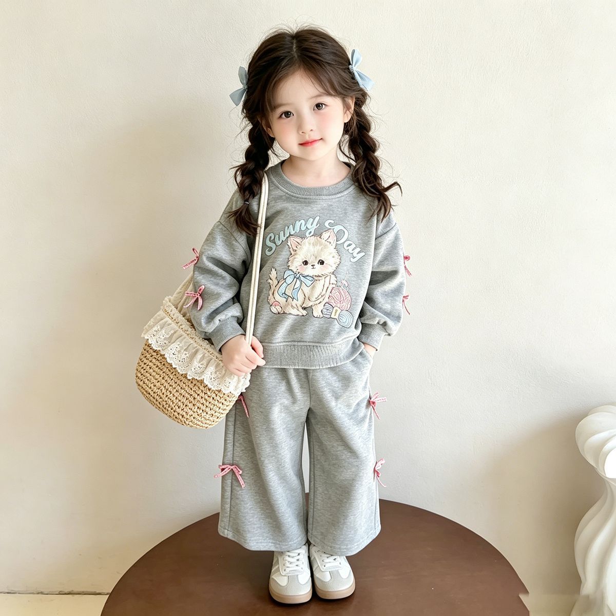 Korean-Style Ins Cat-Themed Girls' Outfit, Spring and Autumn Children's Bow Sweatshirt and Wide-Leg Pants Two-Piece Set, Export Children's Clothing