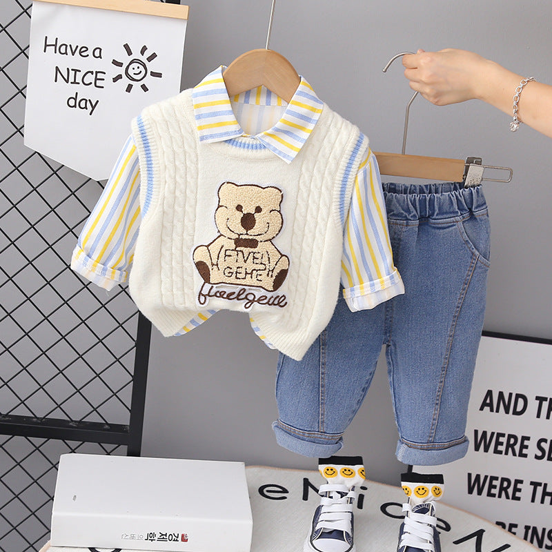 Free Shipping Yikids Boys' Suit New Kidsren's Autumn Clothing Bear Sweater Vest Shirt Three-Piece Set Fashionable Kidsren's Clothing
