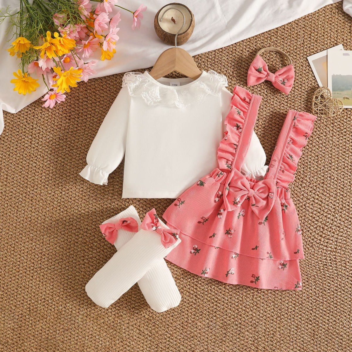 2026 Cross-Border Baby Girl Lace Round Neck Knit Long Sleeve Top + Corduroy Double-Layer Suspender Skirt + Socks Five-Piece Set