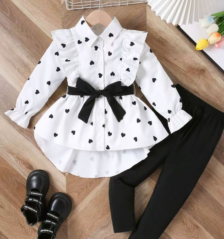 2025 Children's Clothing Cross-Border Spring and Autumn New Style Girls' Fashion Long Shirt Dress with Belt and Leggings Set