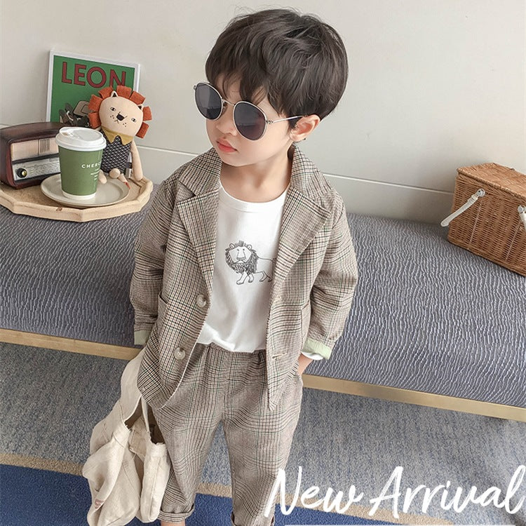 New Children's Clothing Boys' Two-Piece Suit 2026 Spring Fashion Plaid Suit Set for Kids Trendy Outfit