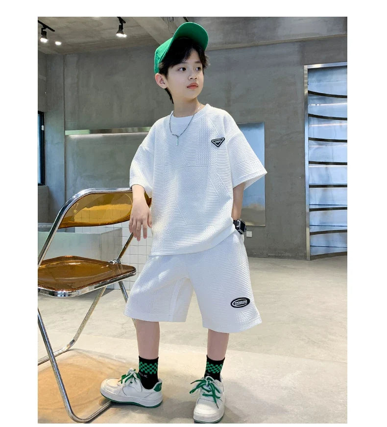New Summer Boys Clothes Sets Teen Short Sweatshirt + Pants Children Clothing Solid Kids Boy Sport Suits 4 6 8 10 12 14 Years