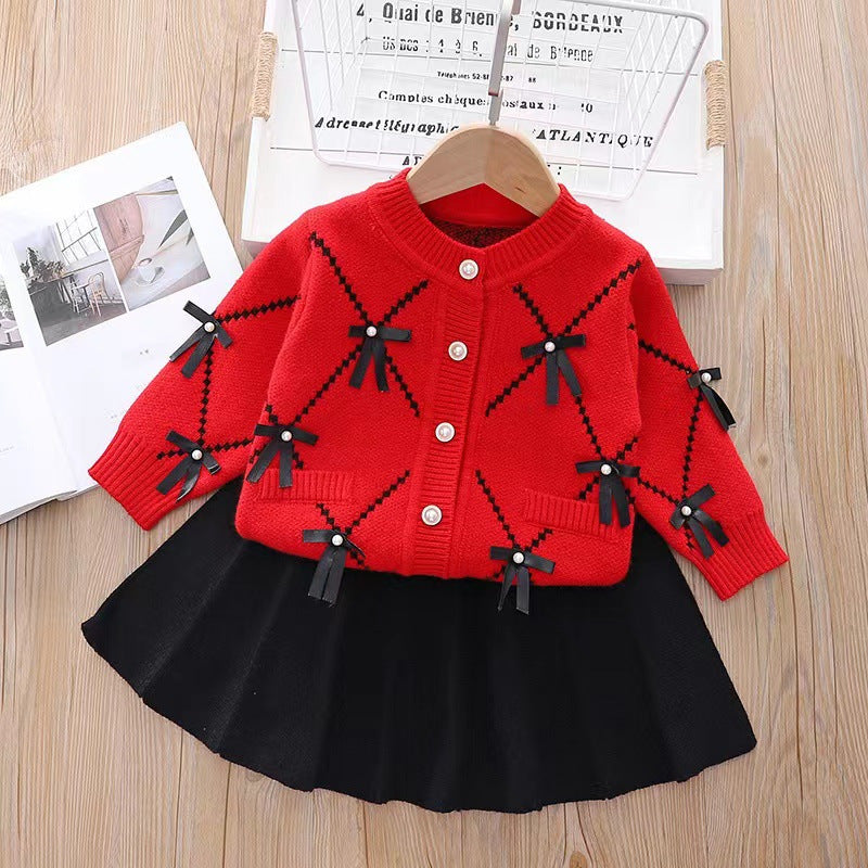 Little Chanel Style Girls' Sweater suit Children's Knitted Two-Piece New Arrival Women's Bow Cardigan suit
