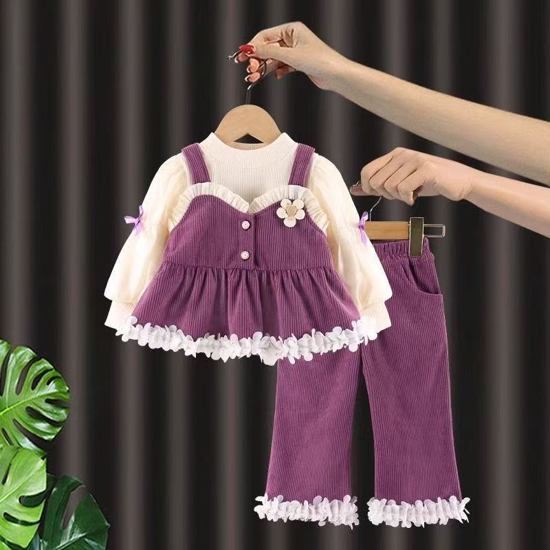 Girls' Spring and Autumn Outfit 2026 New Style Children's Clothing Casual Pants Three-Piece Set Baby Princess Strap Dress