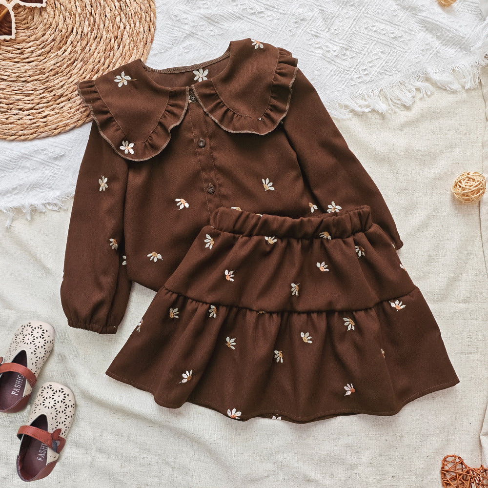 Spring New Cross-Border Style Girls' Korean-Style Children's Clothing Doll Collar Floral Embroidery Top and Short Skirt Two-Piece Casual Set