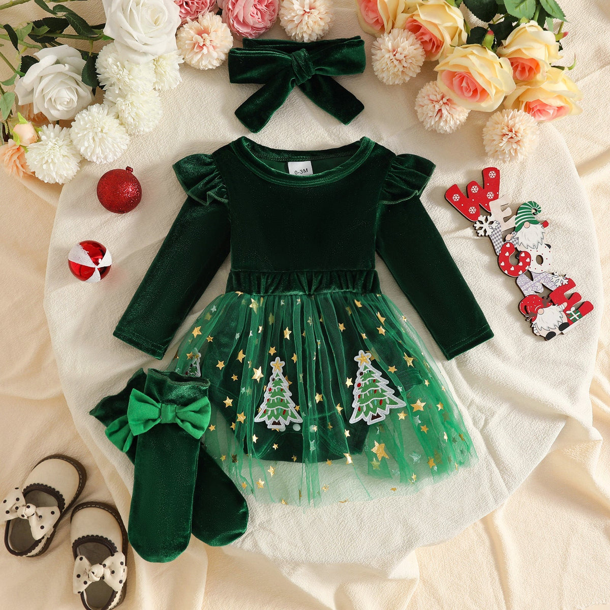 2026 European and American Infant Christmas Dress, Smooth Velvet Fabric, Long Sleeve Mesh Patchwork Dress, Socks, Headscarf