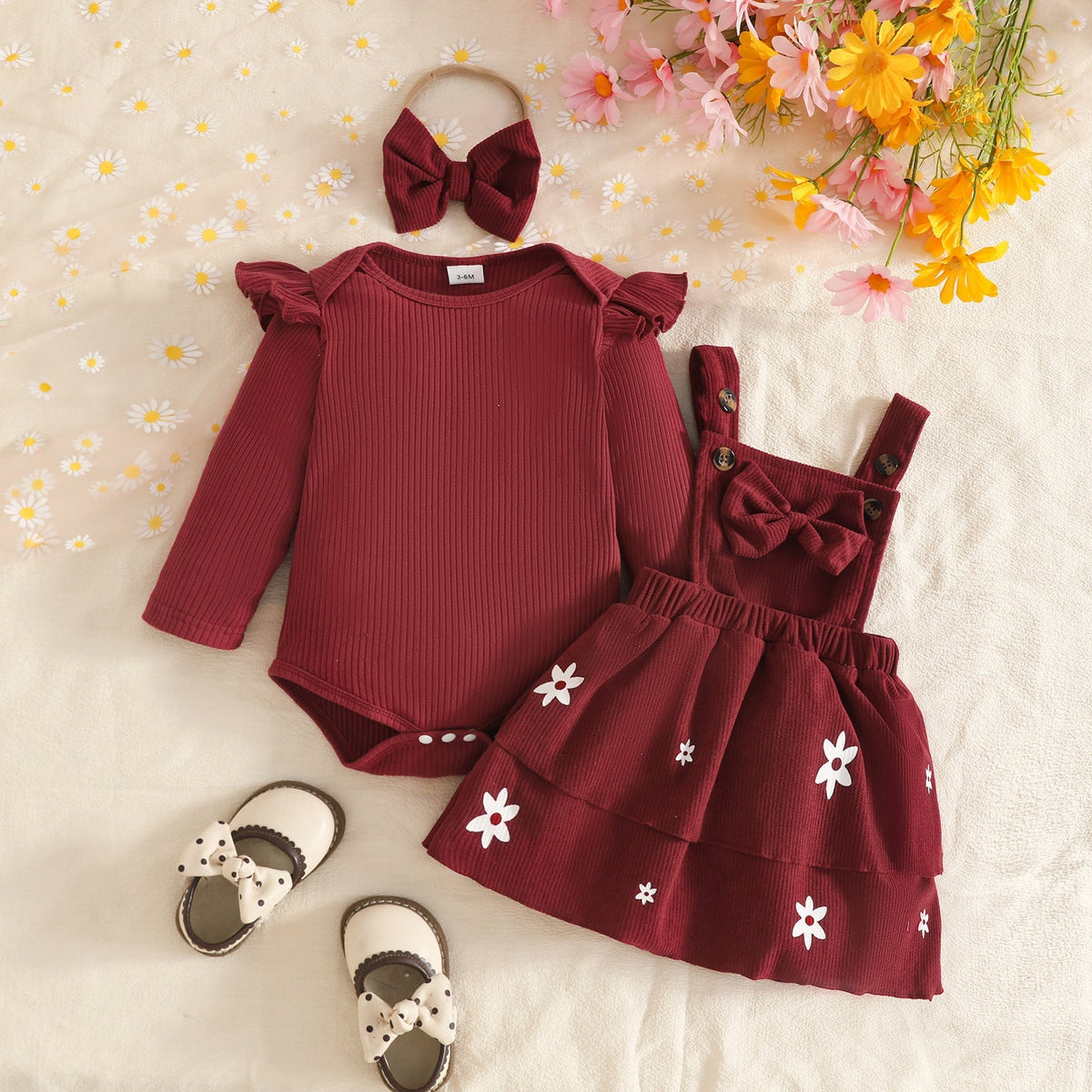 European and American Style 0-2 Years Old Baby Girl Autumn and Winter Ribbed Long-Sleeve Romper + Double-Layer Suspender Skirt + Bow Headband Set