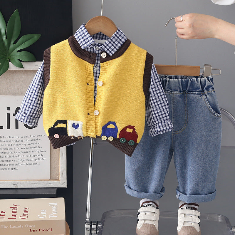 Free Shipping for Boys' New Spring and Autumn Outfit, Korean Style Baby Boy Car-Pattern Cardigan Sweater, Plaid Shirt, Long-Sleeve Three-Piece Set