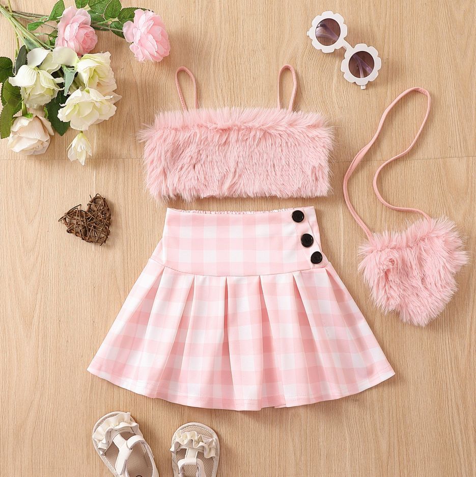 Girls' Fur Sling Solid Color Fur Button Pleated Skirt Bag