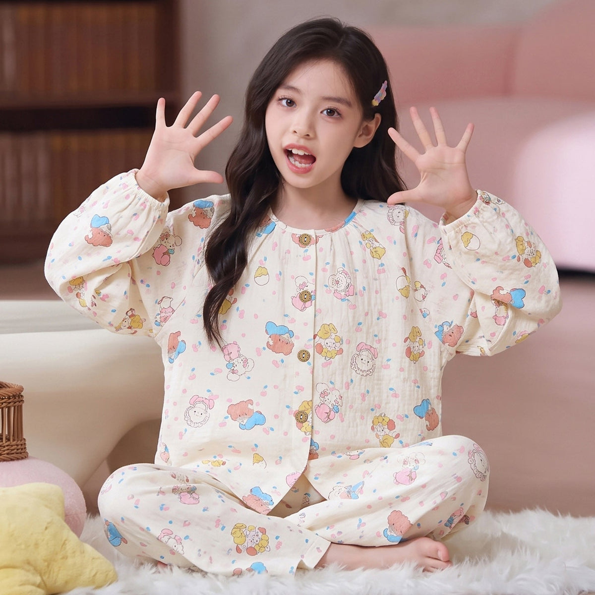 Cartoon Cute Style Girls Pajama Set with Cloud Pattern, Cotton Homewear for Spring and Autumn, Long-Sleeve Top and Long Pants, Lightweight Kids Pajamas