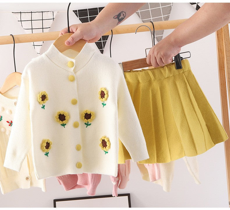 Girls' Knitwear Cardigan Children's Sweater Women's Baby Foreign-Style Two-Piece Sweater Dress Fruit Handmade Flower Dress Baby Set