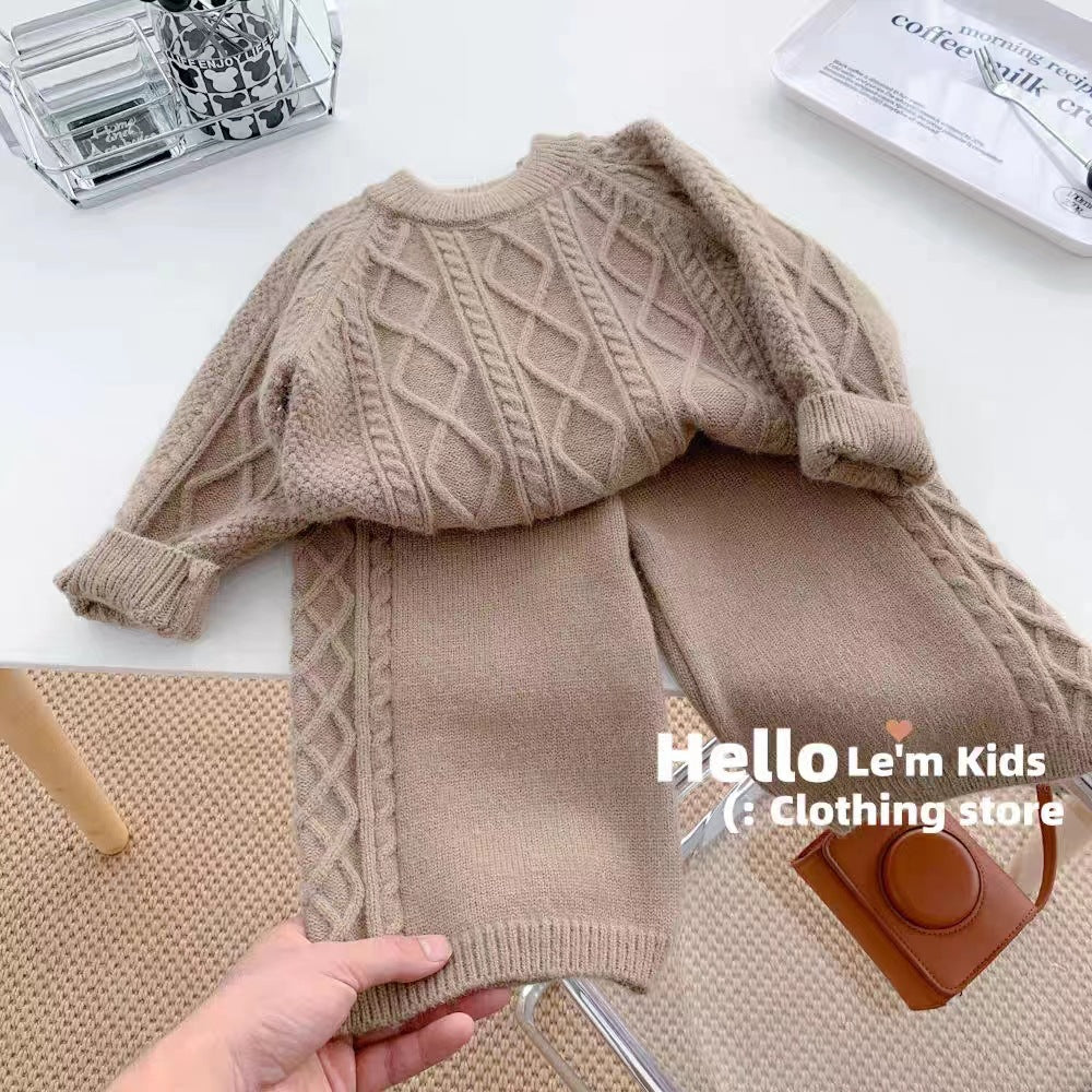 Girls' Korean-style Sweater suit Autumn and Winter New Children's Western-style Solid Color Knitted Pullover Crochet Trousers Two-piece Set